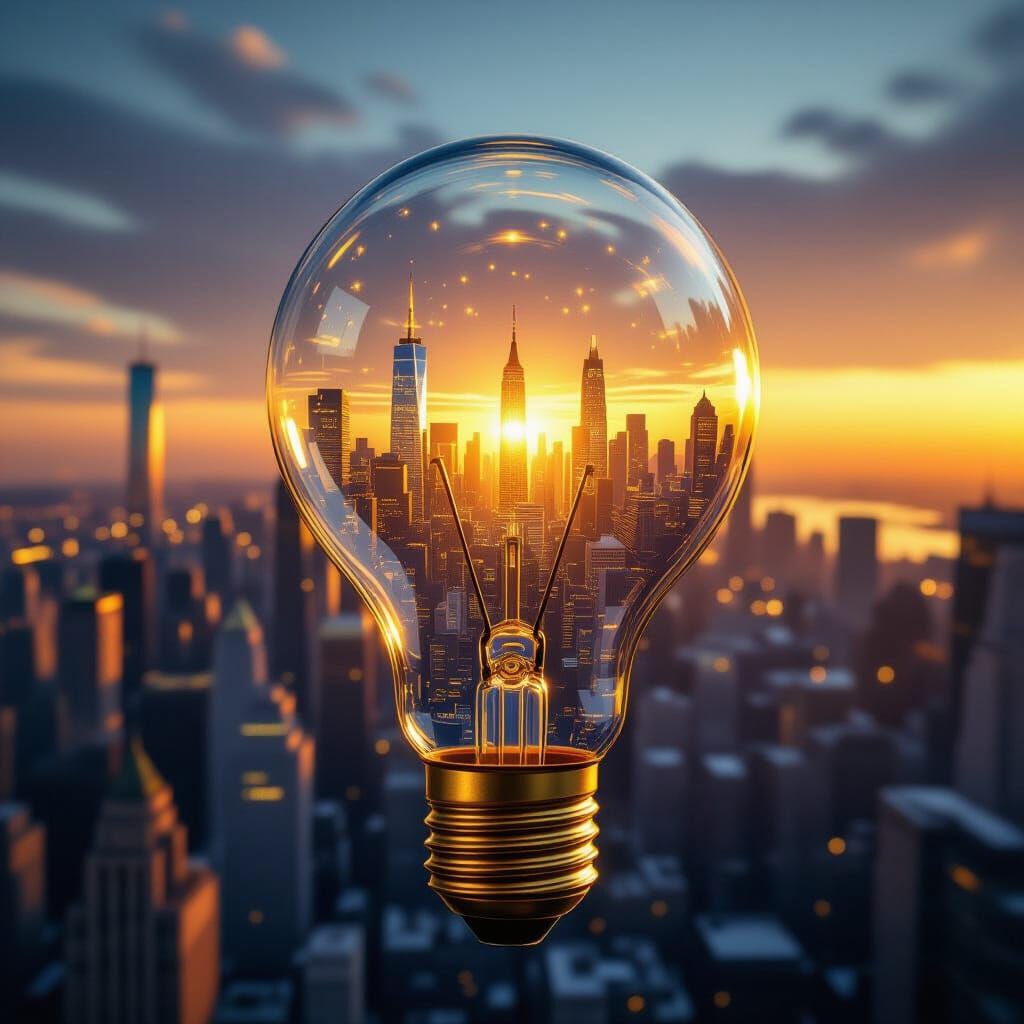 Cityscape Inside Golden Lightbulb, Hyper-Realistic Cinematic