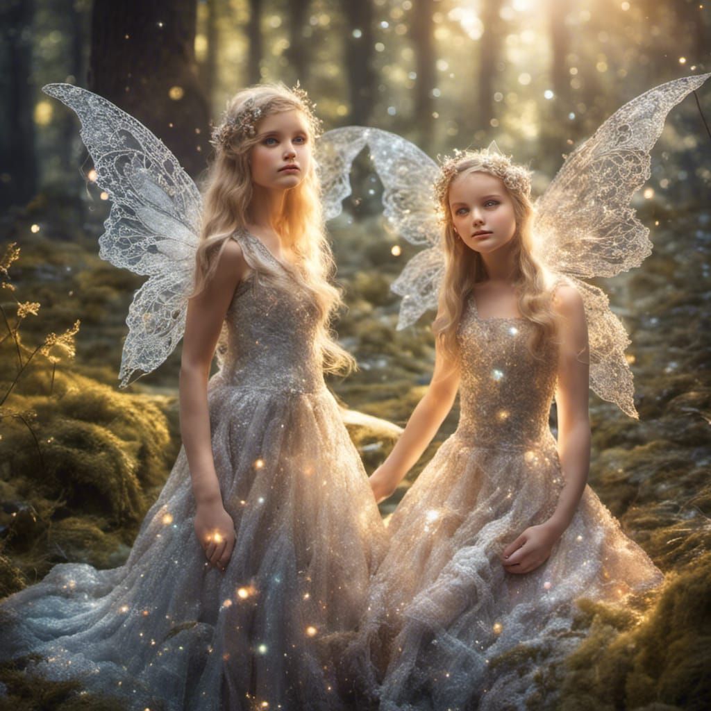 Two beautiful young fairies in glowing golden light.l