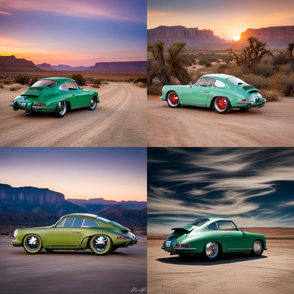 green 1962 356 porsche with empi wheels in a desert wasteland