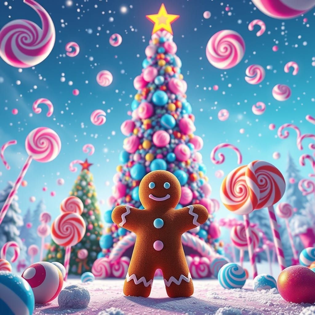 Gingerbread man stood infront of a pastel pink and blue christmas tree 