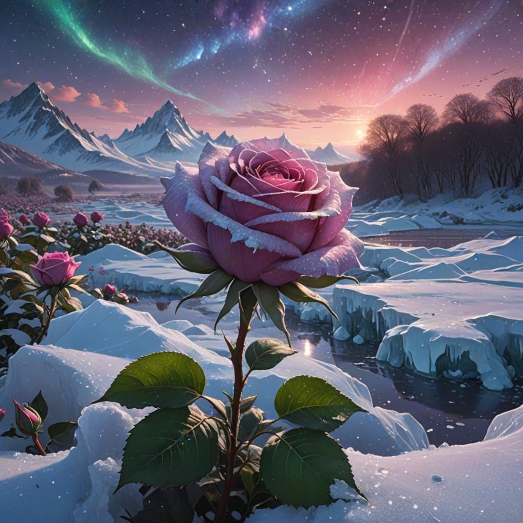  Giant frozen Ice Rose
 - magnificent - nebula galaxy - pink purple green - Gustave Courbet - in the fields - light at dawn 8k resolution  c...