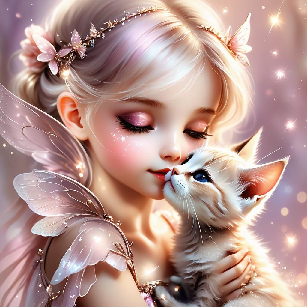 Fairy Kisses Kitten in Whimsical Pastel Portrait