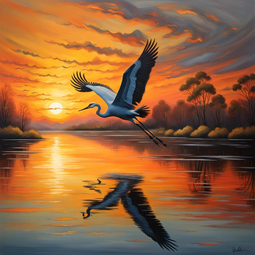 Crane in Flight at Golden Hour: An Oil Painting