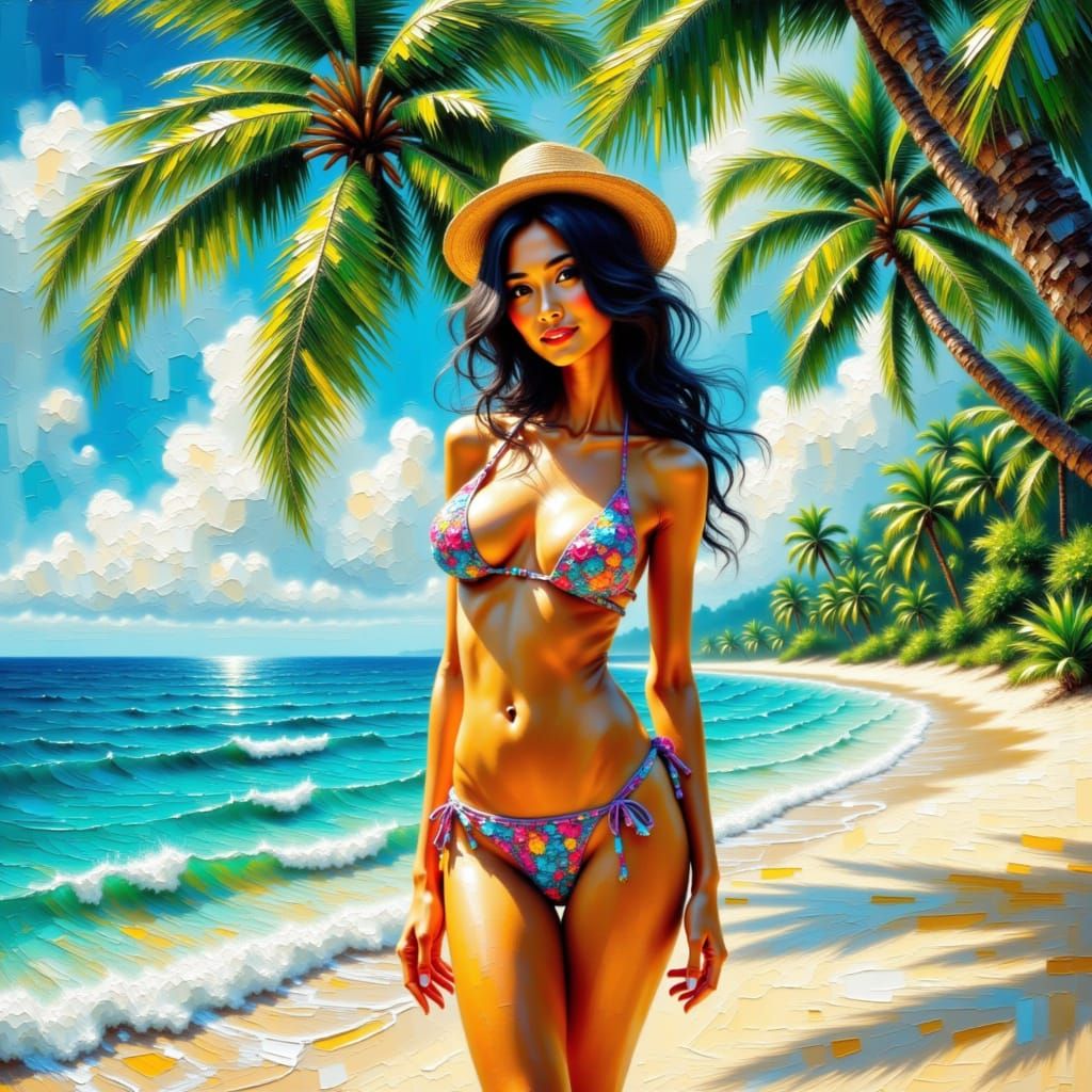 <lora:Impasto 1-01:1.0> Beautiful Thai woman in bikini on tropical beach with crystal clear blue water rippling onto the sand