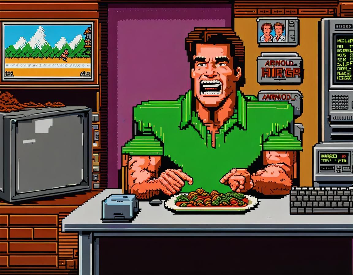 Arnold Schwarzenegger pixelated Hungry Horace 1980s computer game   by @0827214
