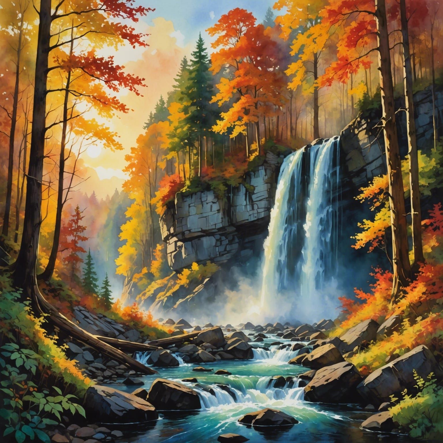 Fall in a hardwood forest, cascading waterfall, vibrant colors, watercolor, hyper detailed, backlit by ...  by @DecloDee