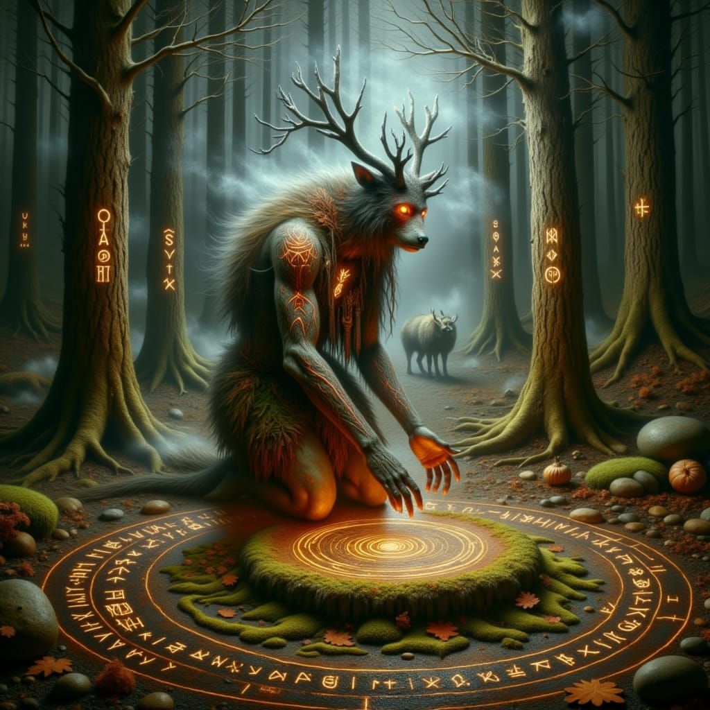 A ritualistic wendigo-volva kneeling before a moss-covered forest altar at dusk, glowing runes floating in the air, mist weaving through roo...