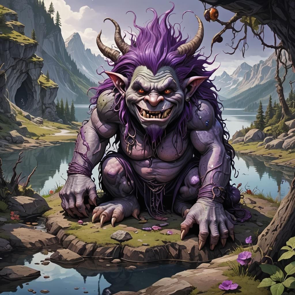 A big  troll with purple hair and worms in it. with big pimp...