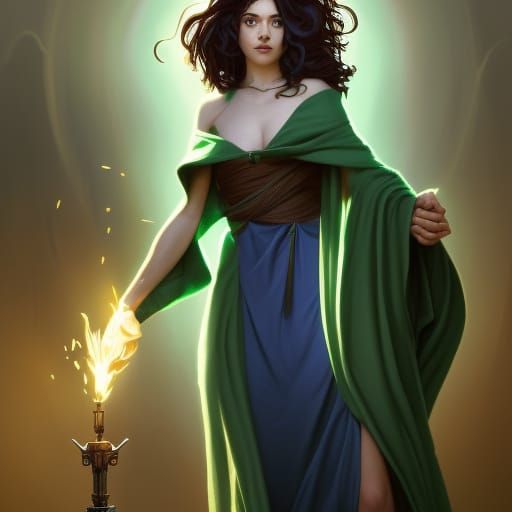 a short woman with deep blue hair wearing a green cloak that covers her ...