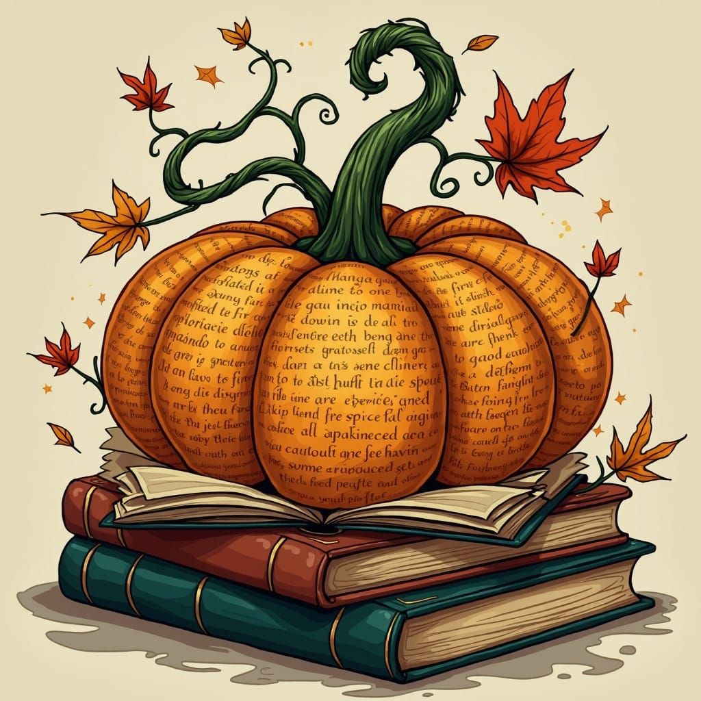 An enchanting Halloween and autumn-themed t-shirt design, featuring a whimsical pumpkin intricately crafted from a collection of vintage boo...