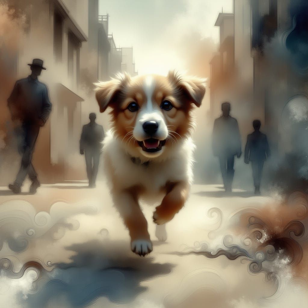 <lora:fluxwash:1.0> A dog running outside the city 