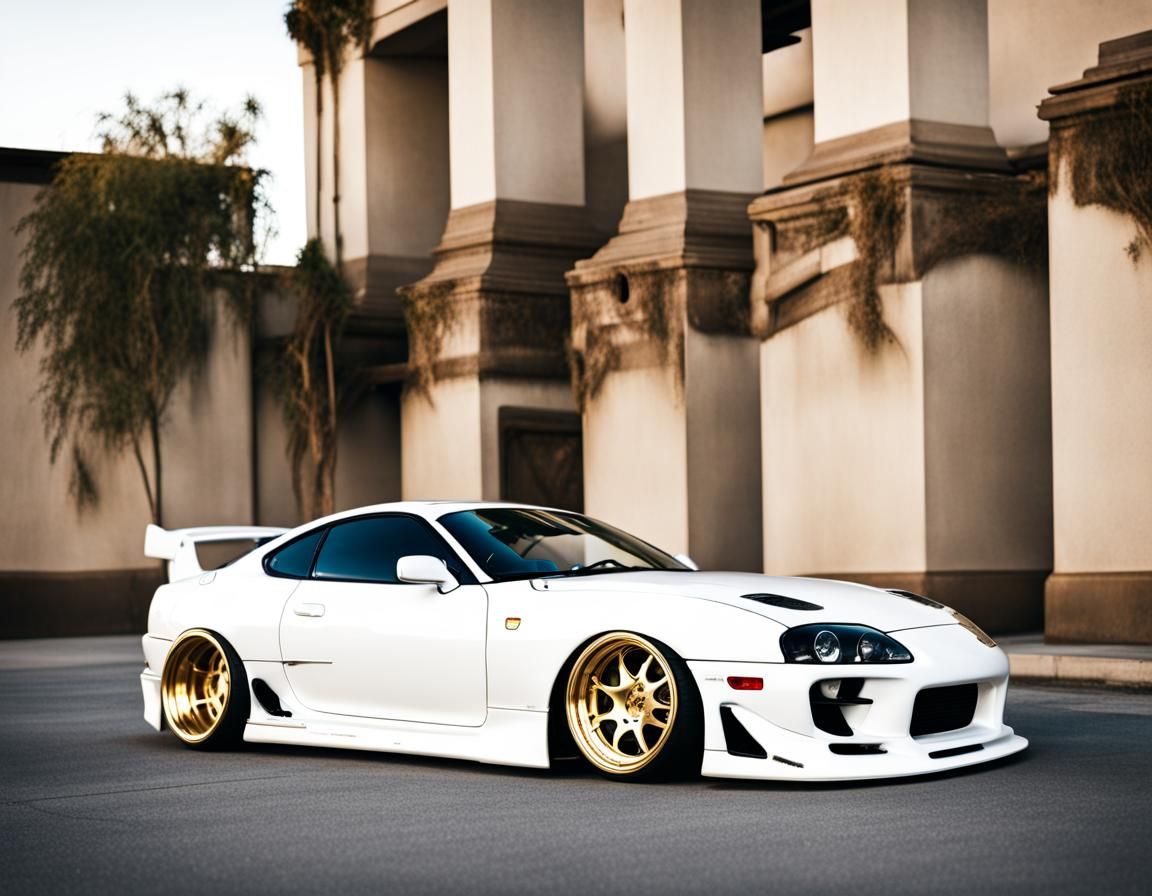 Slammed white metallic Toyota supra with gold rims