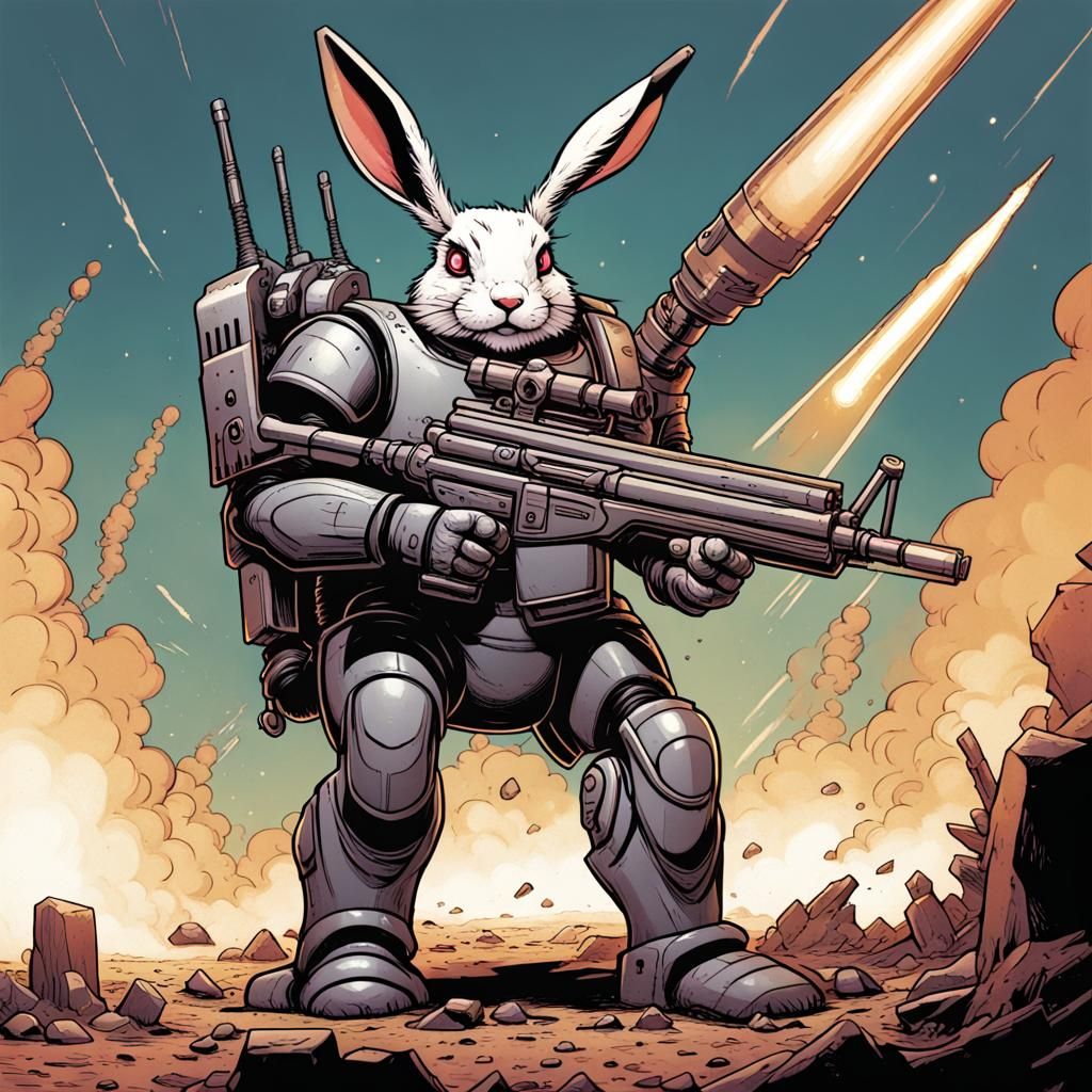 a grumpy robot rabbit holding a big rocket launcher