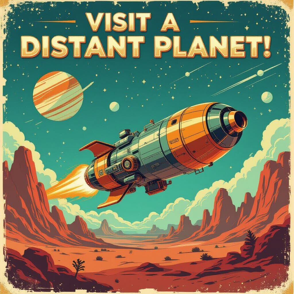 Retro Futuristic Space Poster. Text on poster is ”Visit a Distant Planet!”  by @Aspen