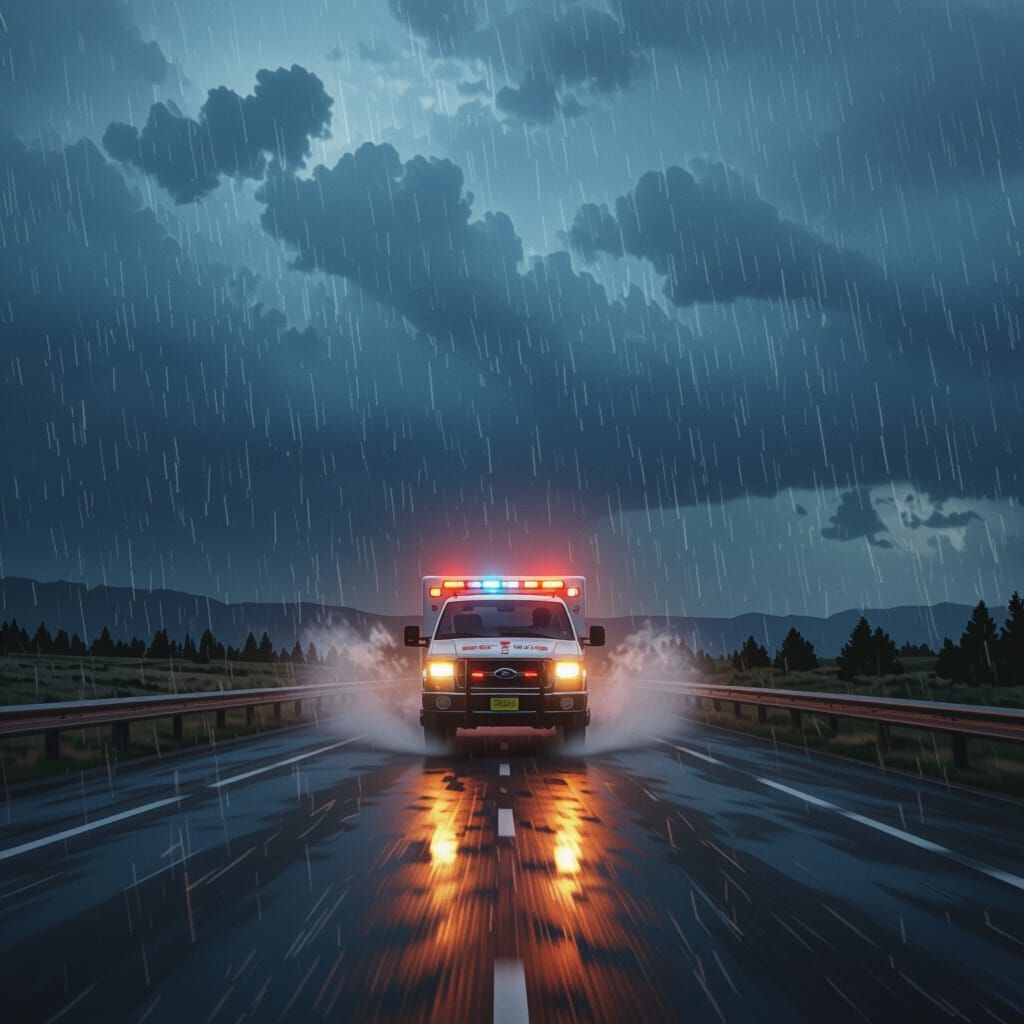 Ambulance Speeds Down Stormy Highway in Cinematic Style