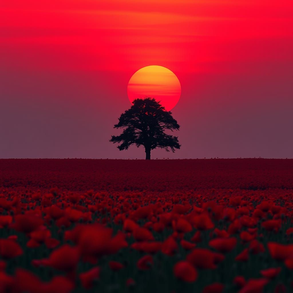 Crimson Sunset Over Poppy Field in Ultra-Realistic Style