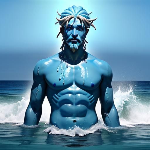 A blue skinned Poseidon emerges from the ocean