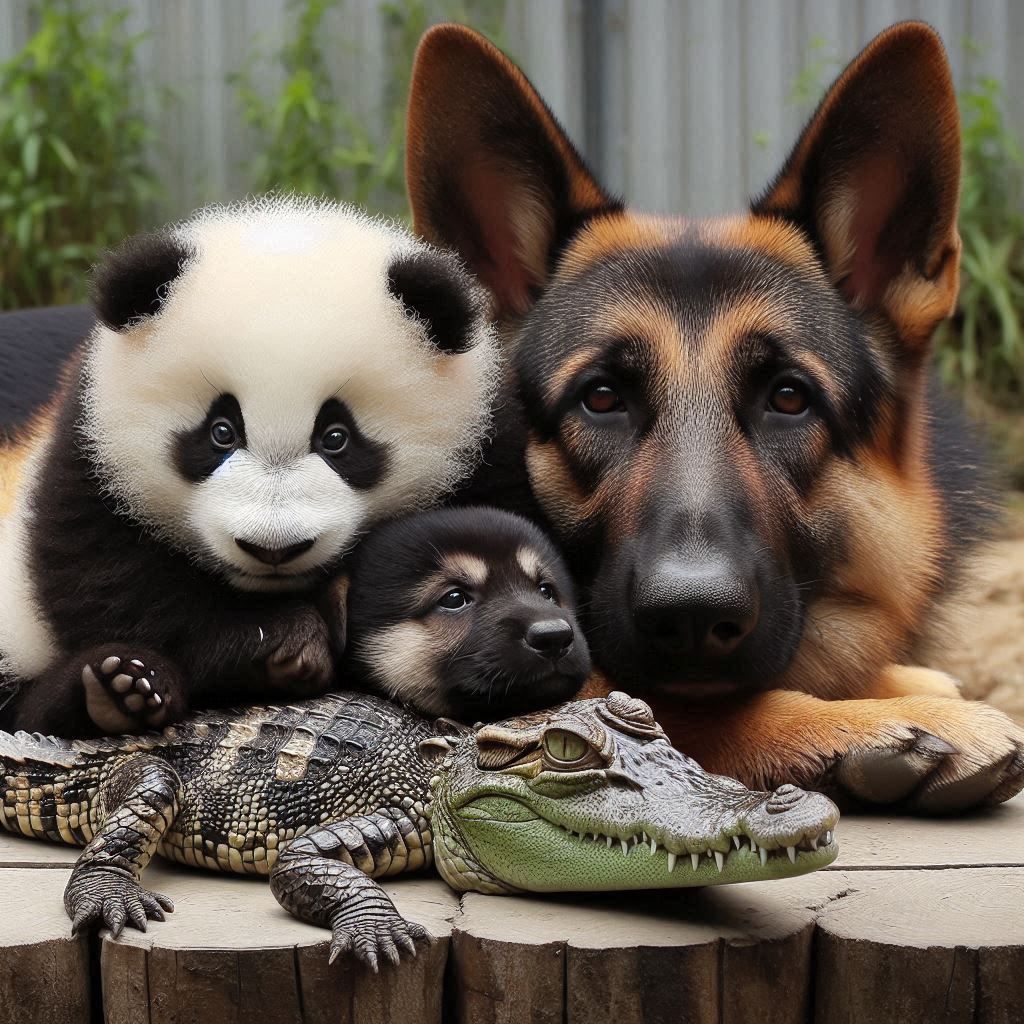 A panda baby snuggling with a German shepherd puppy and a baby crocodile
