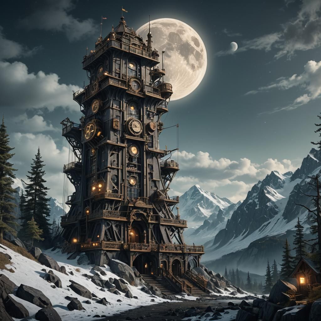 Giant steampunk tower in Alaska wilderness under full round ...