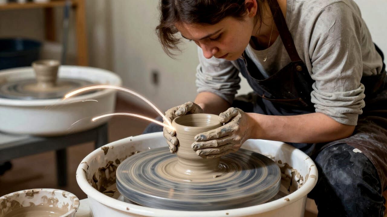 Woman Learning Pottery on Wheel, Impasto Texture