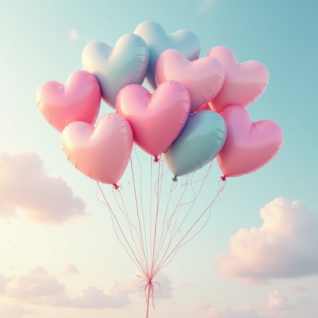 Heart Balloons in Pastel Sky, Dreamy Art