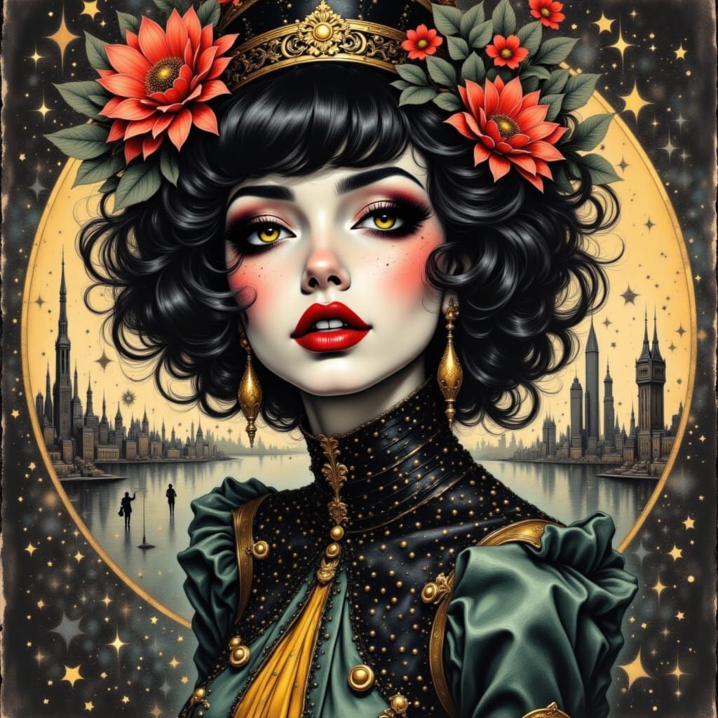 <lora:ChArkcoal:1.0> sci fi victorian woman <lora:Pinup Flux:0.1> 