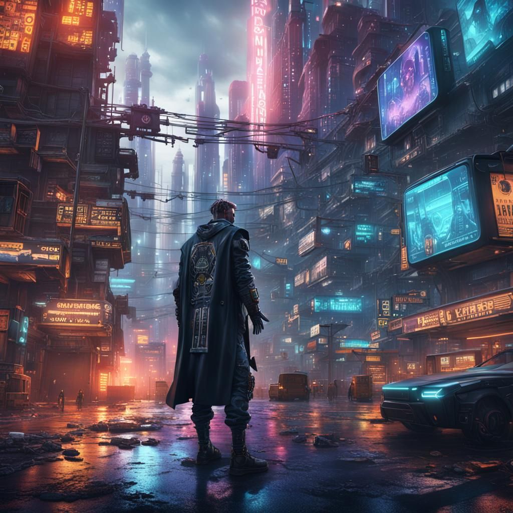 Humanoid Android Pimp cyberpunk city background