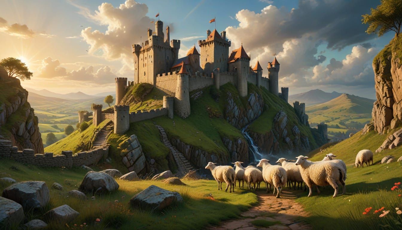 Hyperrealistic concept art. Medium shot. A medieval castle with battlements and armored knights, a shepherdess tending sheep, and to the rig...