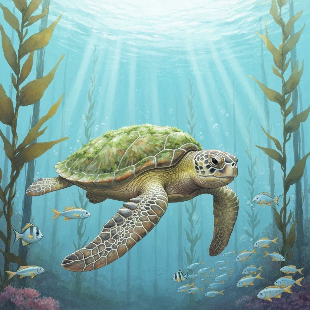 An ancient sea turtle glides through a kelp forest  by @Pharaoh Julia