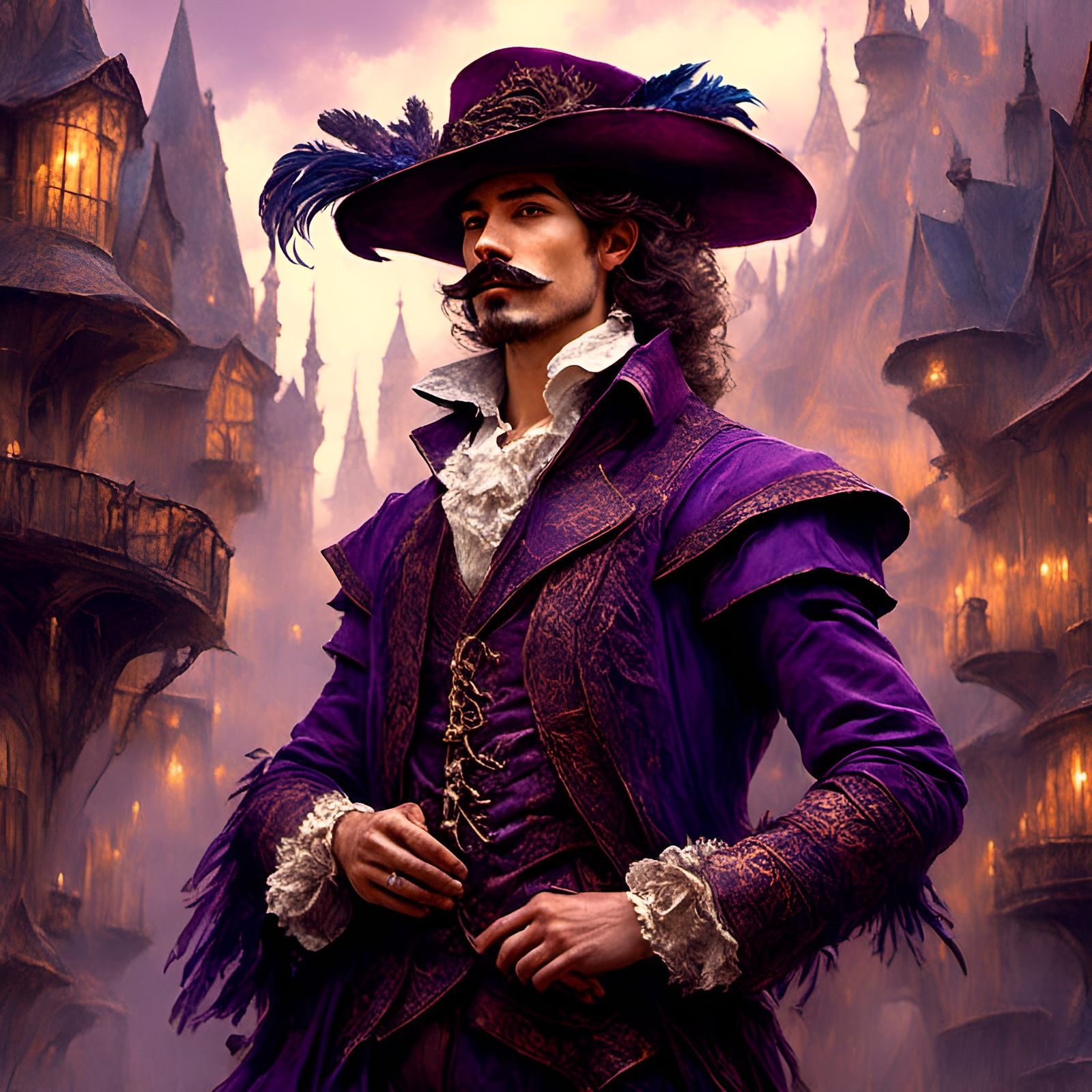 Handsome medieval male bard in fashion elegant pruple dress, feathered fashion hat, moustache :: 16k :: high contrast <lora:LapiCoherent:1.0...