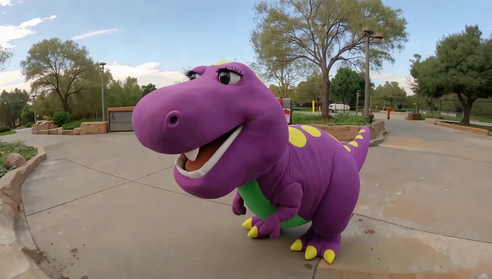 fisheye lens overhead view of Barney The Dinosaur