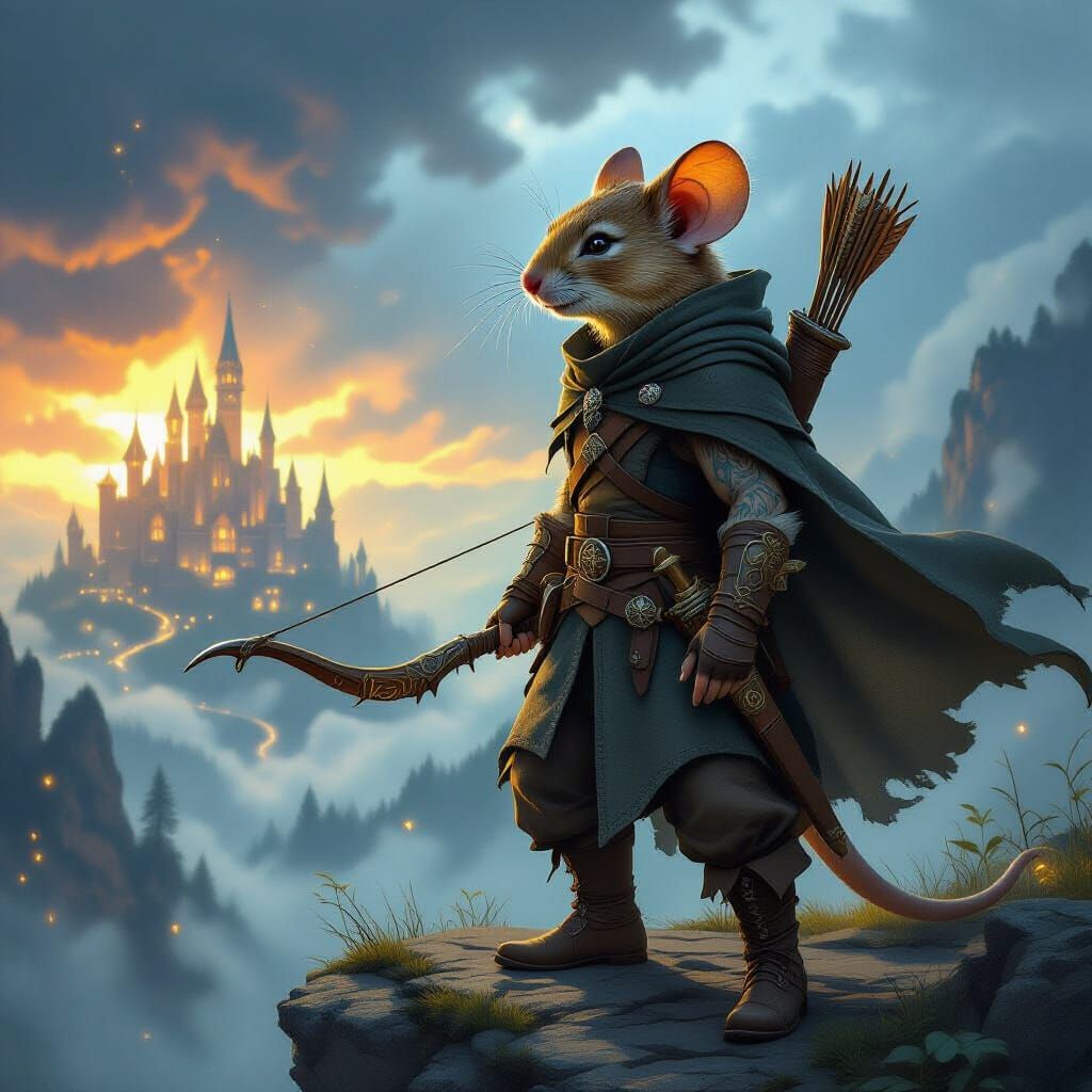 In a vast fantasy world, Finn stands as the central hero — an anthropomorphic forest mouse adventurer, tall and lean, wrapped in a weathered...