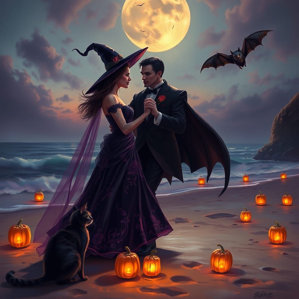 a witch and a vampire dancing on the beach at a formal party.  by @Ylona