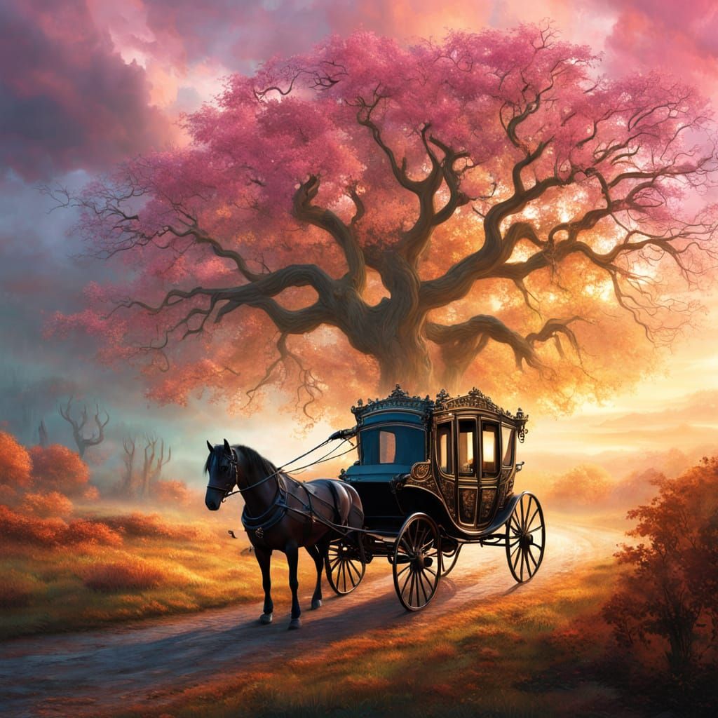 A highly detailed fantasy painting of an ancient, mystical landscape at golden hour. Dramatic and cinematic. A grand horse-drawn carriage ra...