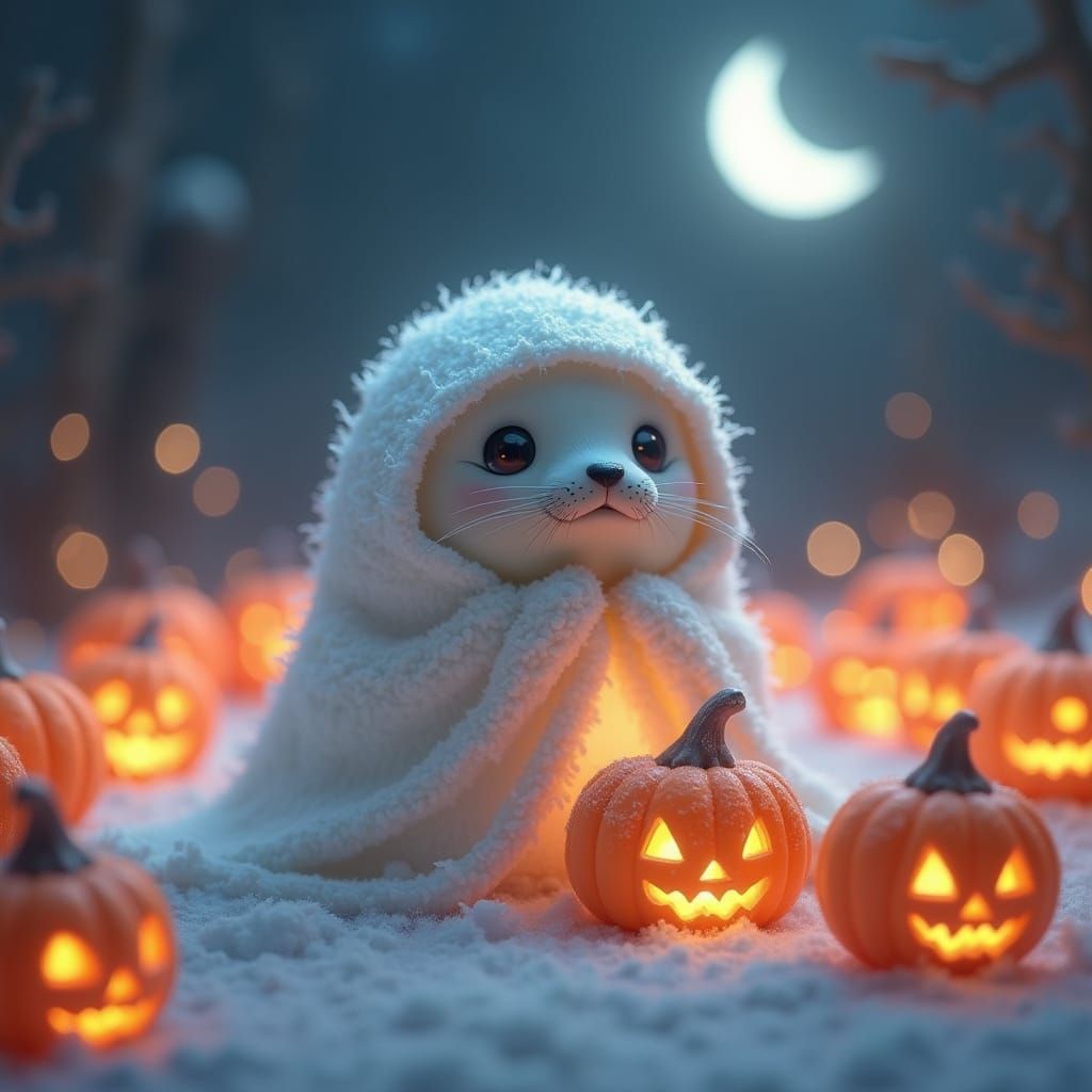 3D Cartoon Art. A baby seal ghost, covered in a little white sheet with cut-out eyes, glowing faintly ...  by @Mavka_a_spring_spirit