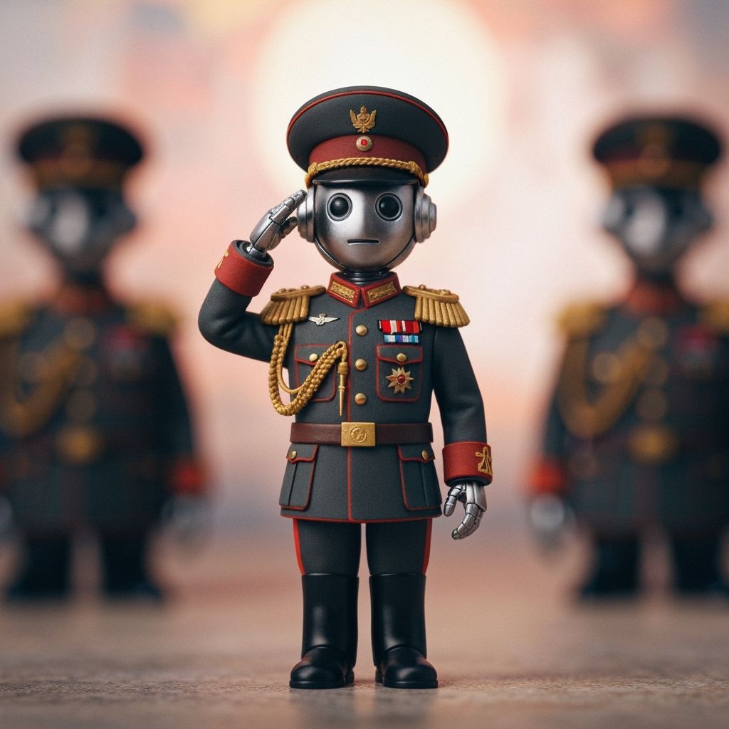 Robot Officer Salutes in Detailed Military Uniform