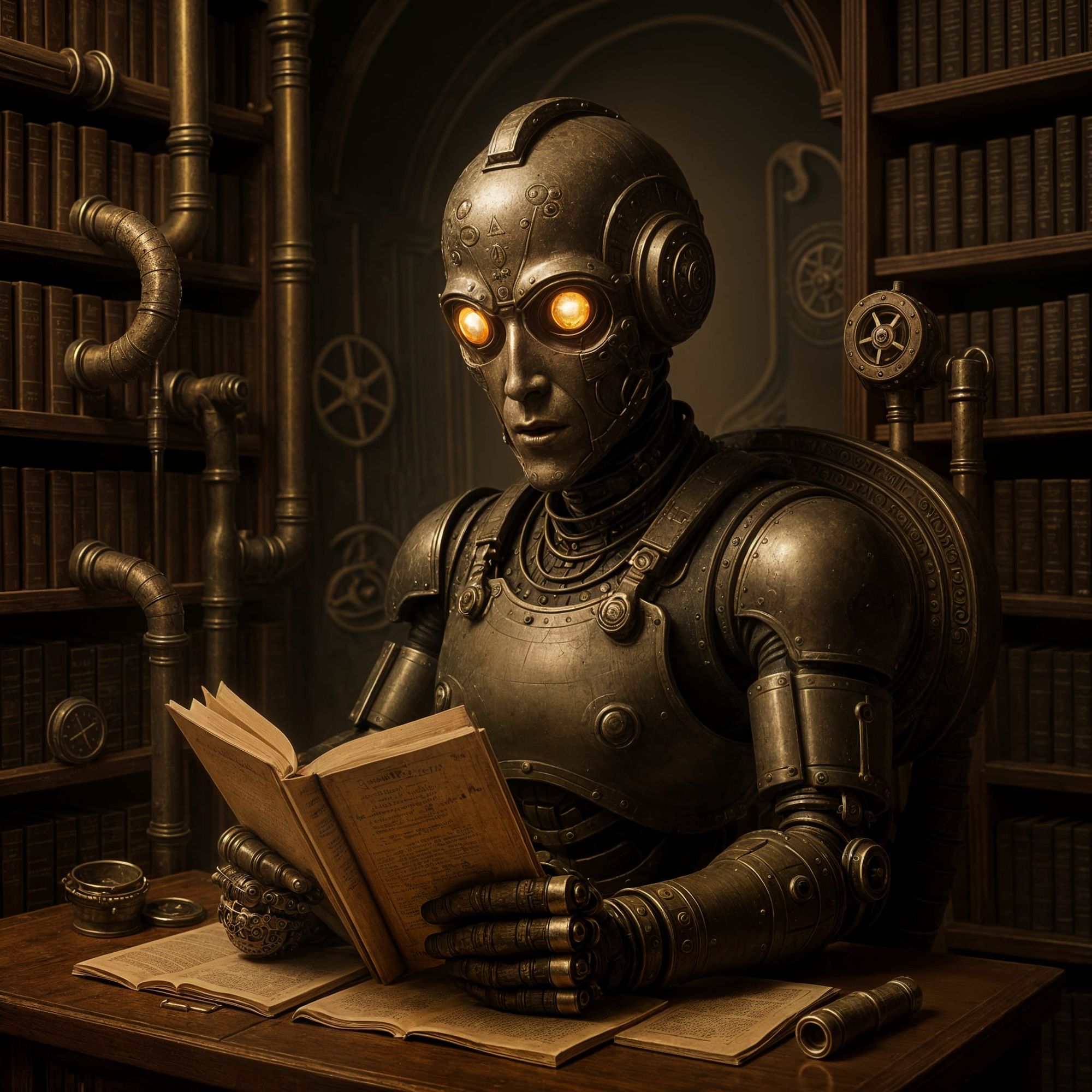 A close-up portrait of an automaton librarian meticulously cataloging ancient scrolls in a vast, dusty library. Gears whir softly, and brass...