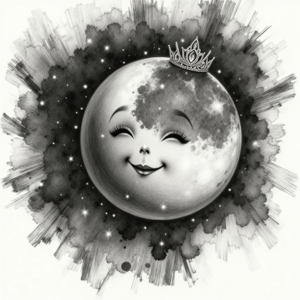 <lora:Sveta II Charcoal:1.0> A smudged charcoal drawing of a moon wearing a dainty tiara