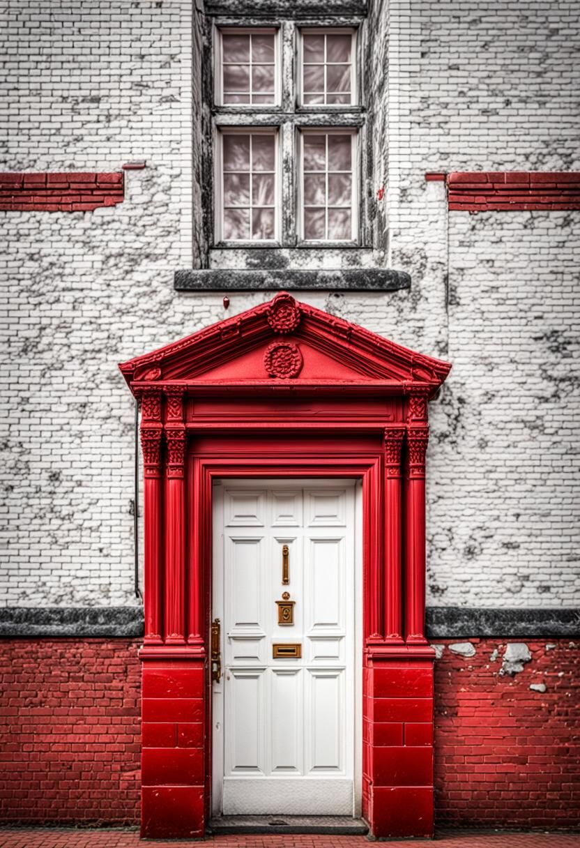 A white door with a red frame on a large brick building.  intricate details, HDR, beautifully shot, hyperrealistic, sharp focus, 64 megapixe...