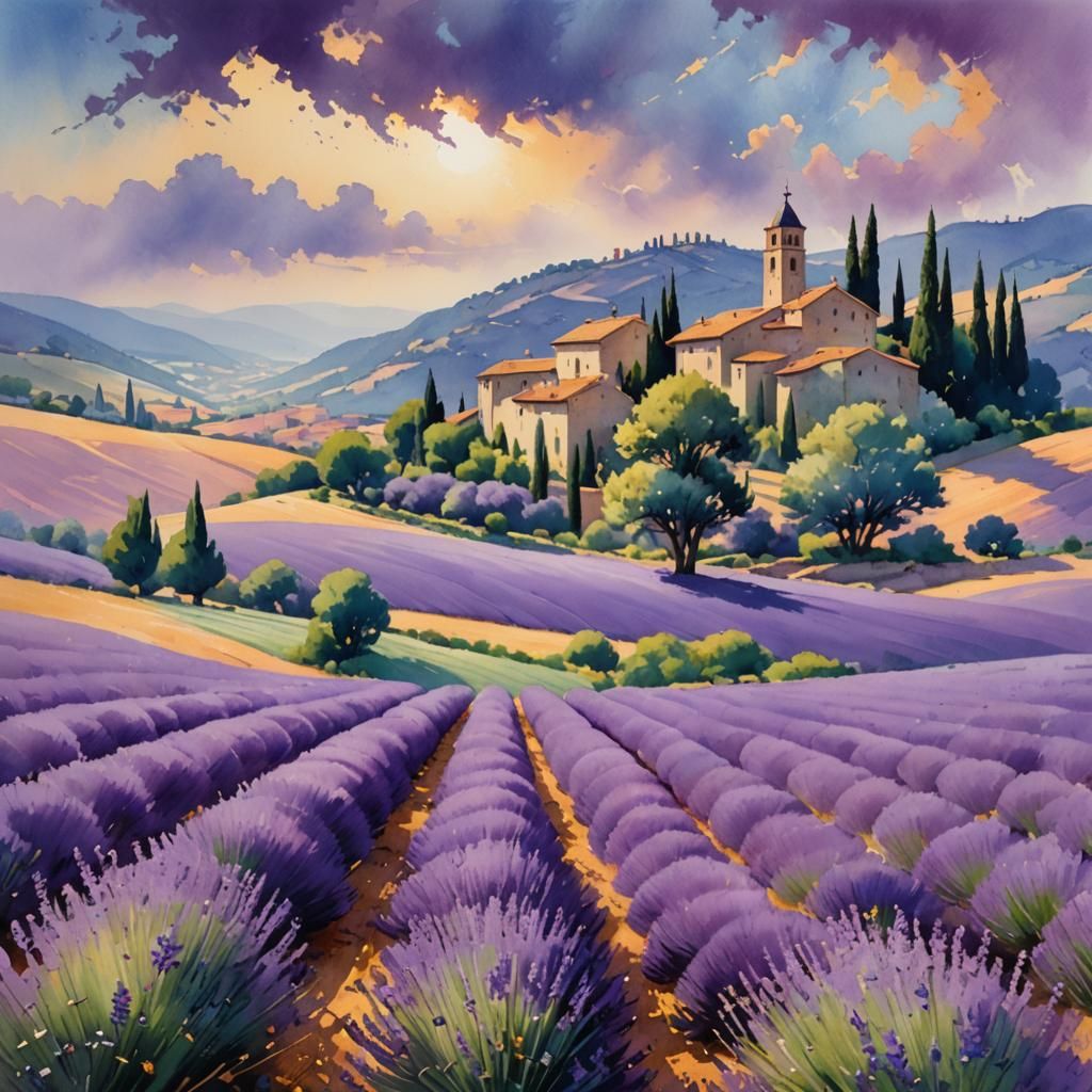 A vast lavender field in Provence, A small village and hills...