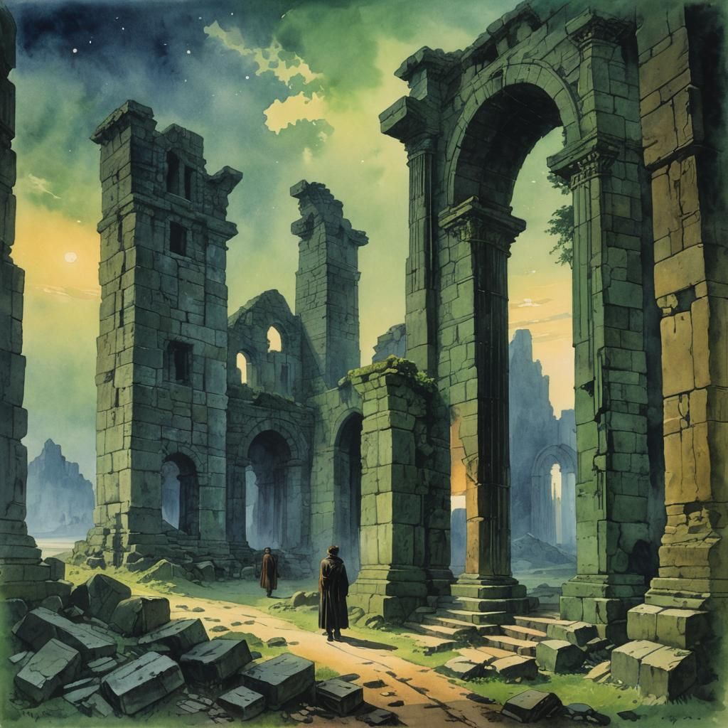 sinister traveler at ancient ruins, atmospheric scenery, wat...