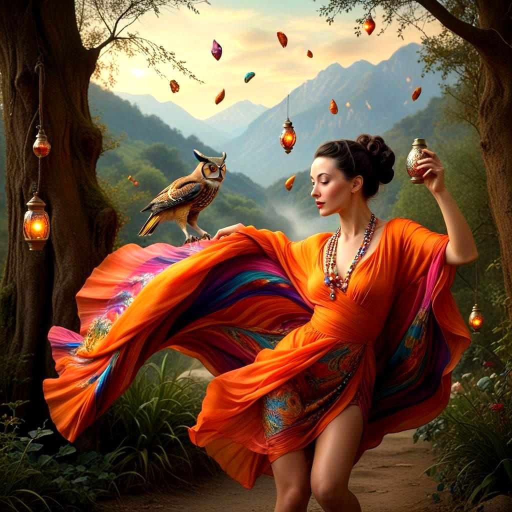 Surreal Hyperrealistic Portrait of Happy Mature Lady in Moti...