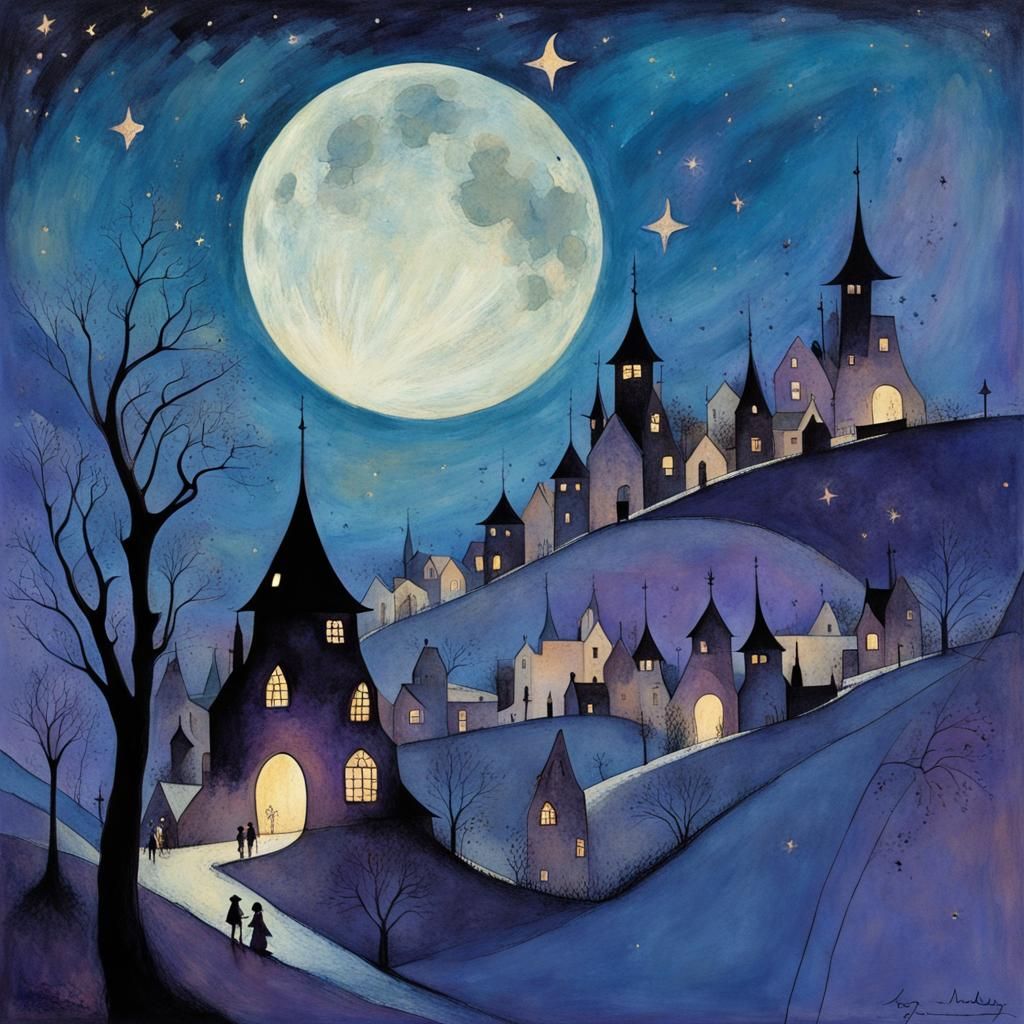 Silhouette of a whimsical enchanted wonky village by Kandins...