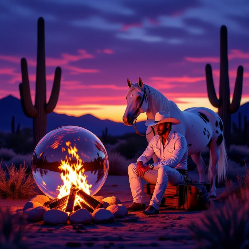 Реалистичная фэнтезийная сцена, сверхдетализированная 3D-иллюстрация.
Изобрази одинокого ковбоя, полностью одетого в белое: белая рубашка, б...