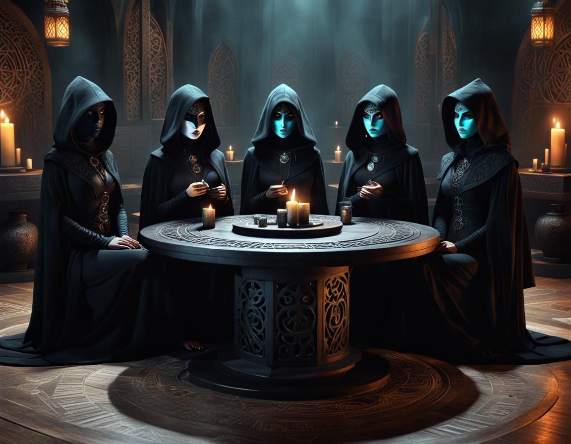 Eerie Meeting of Hooded Figures in Dark Fantasy Style
