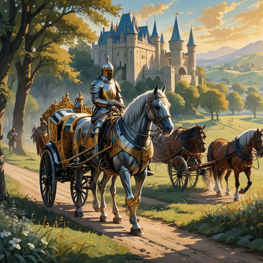 Noble Knight Waits by Carriage in Oil Painting Style