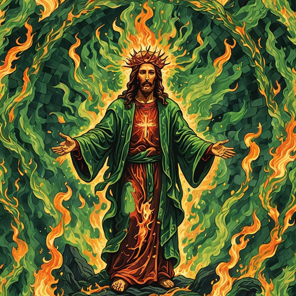 Fire christ made of flames  burning in the green healing fire