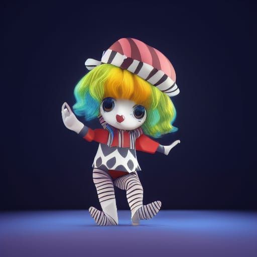 3D render of a cute chibi circus anime clown on a dark blue background ...