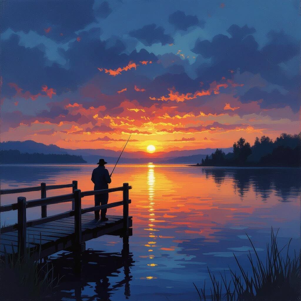 Piece of art of a fisherman on a wood bridge in front of a lake, with sunset, blue color and paint   by @Louis 