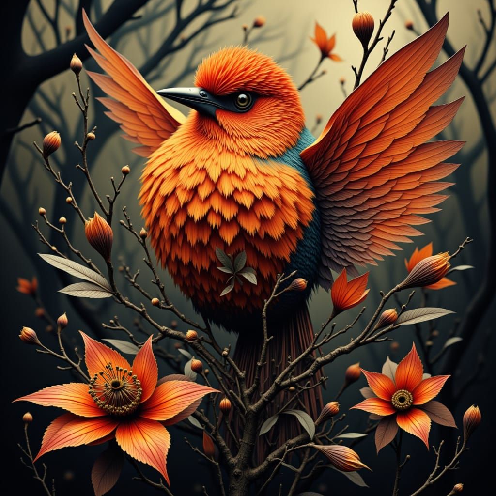<lora:Fantasm:1.0>  Wow, Photogram, flame  bird photogram, Mann Ray, feathers, flowers , bare branches, falling leaves Wow, Photogram, fire ...